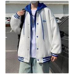 Hehope Men&Women Hooded Jacket Ins Hip Hop Waffle Fake Two-piece Windproof Streetwear Unisex Baseball Uniform Youth Male Bomber Jacket