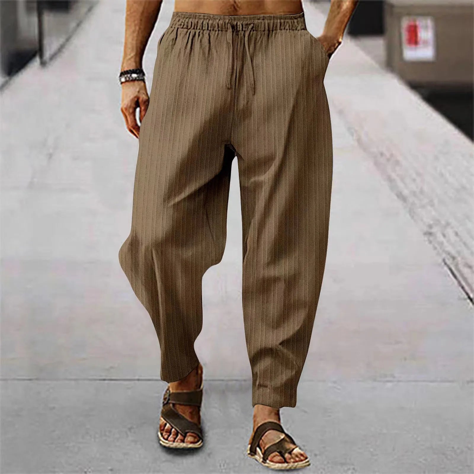 Hehope New Spring Summer Men's Stripe Cotton Linen Pants Solid Color Fashion Casual Loose Hip Hop Breathable Trousers Streetwear S-3XL