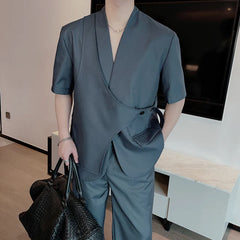 Hehope 2024 Summer Fake Two-piece Short Sleeved Suit for Men 2 Pieces Suits Oversized Casual Streetwear Blazer Trousers Male Clothing