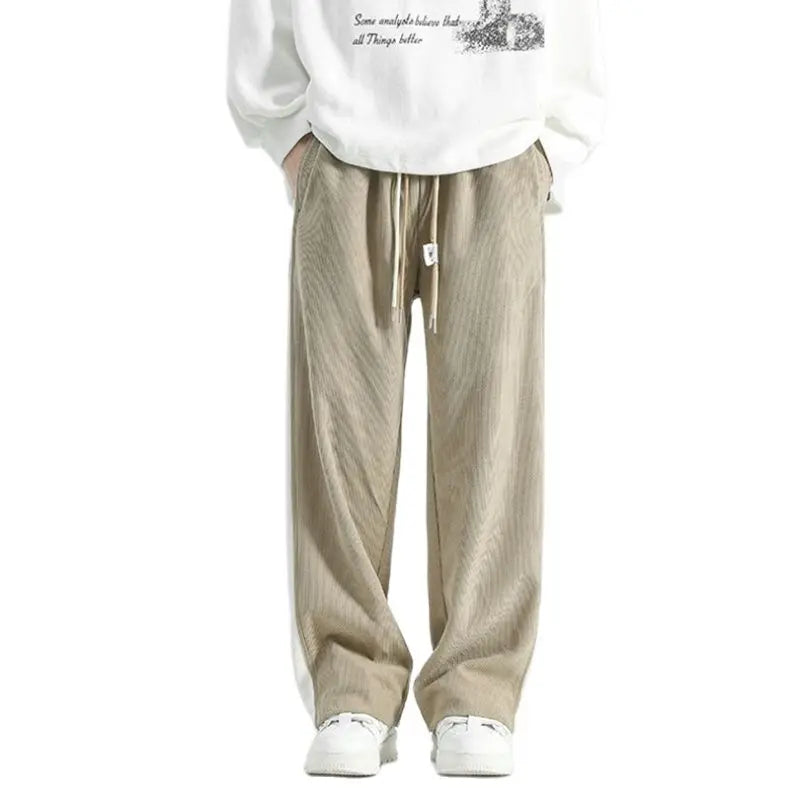 Hehope Autumn Winter Casual Soft Men Elastic Loose Drawstring Sweatpants Pants Warm College Style Corduroy Warm Striped