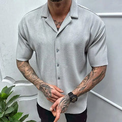 Hehope Street Trend Summer Solid Cardigan Short Sleeved Men's Stand Collar Button Patchwork Casual American Fashion Versatile Thin Tops