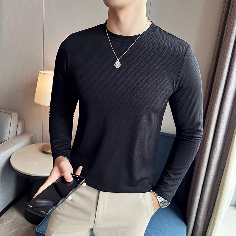 Hehope High Elastic T-shirt Men Autumn New Long Sleeve Round Neck T-shirt Solid Casual Slim Fit White Black T-shirt Men Clothing