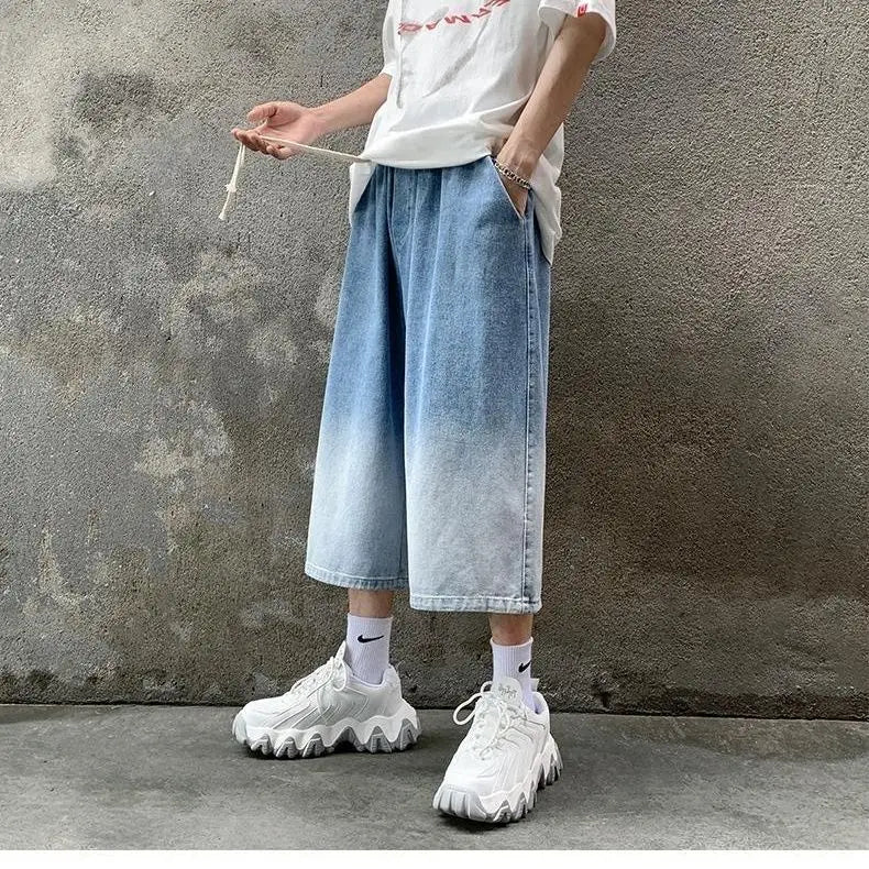 Hehope High Street Trendy Gradient Jeans Men Summer Thin Elastic Waist Drawstring Pockets Loose Casual Denim Wide Leg Calf Length Pants