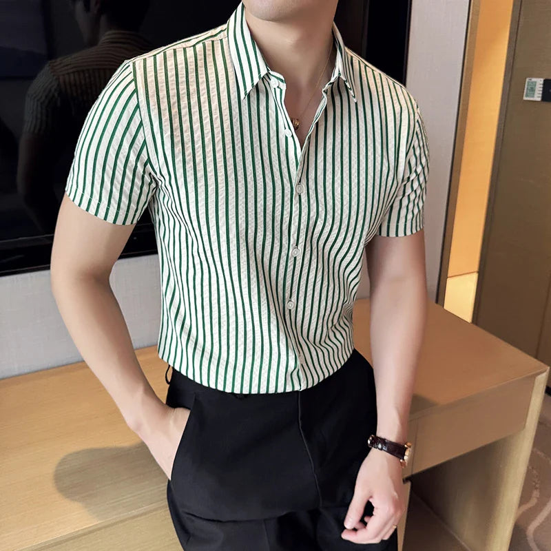 Hehope Men Striped Shirt 2024 Summer Light and Thin Breathable Sweat Absorbing Short Sleeved Slim Fit Casual Pleated Shirt Men clothing