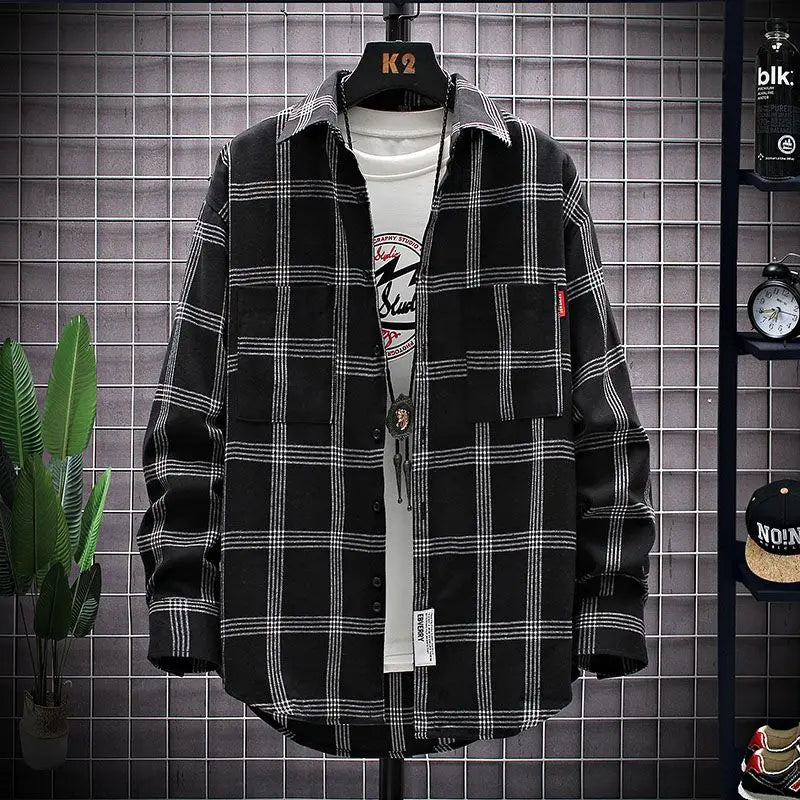 Hehope Spring Autumn Men's Youth Trendy Striped Plaid Long Sleeved Shirt Casual Loose All-match Square Neck Pocket Button Cardigan Tops