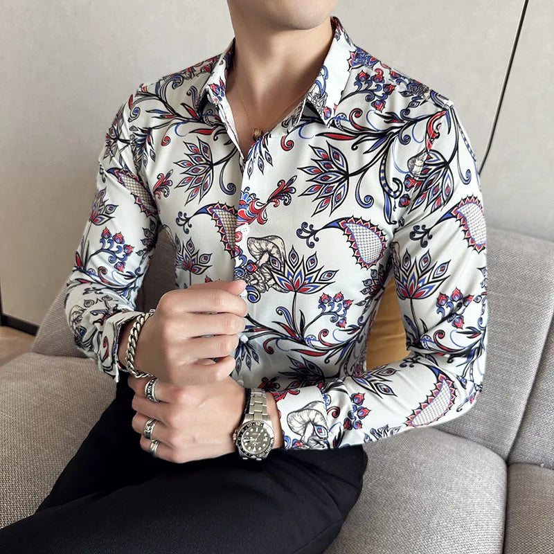 Hehope Autumn Flower Printed Shirt for Men Long Sleeve Lapel Casual Shirts Fashion Slim Fit Business Social Dress Shirts M-6XL