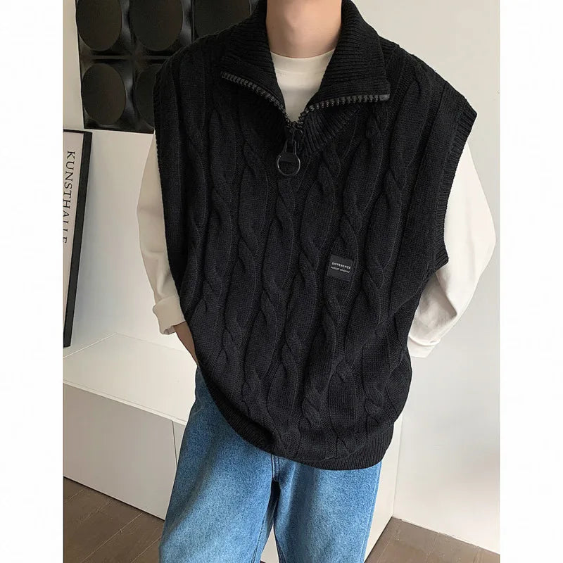 Hehope Autumn Short Sweater Vest Men Fashion Casual Lapel Knit Pullover Men Korean Loose Zipper Sleeveless Sweater Mens Jumper Clothes