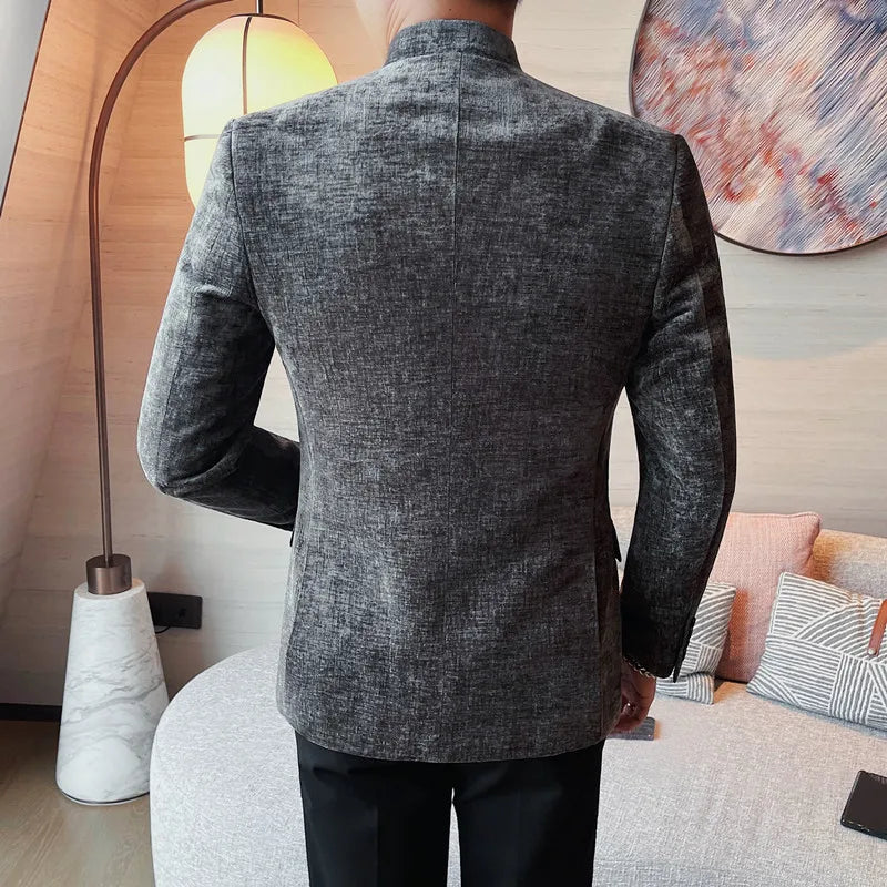 Hehope Autumn Corduroy Stand Up Collar Suit Jacket Men Slim Fit Casual Business Blazers Street Wear Social Banquet Party Suit Jackets