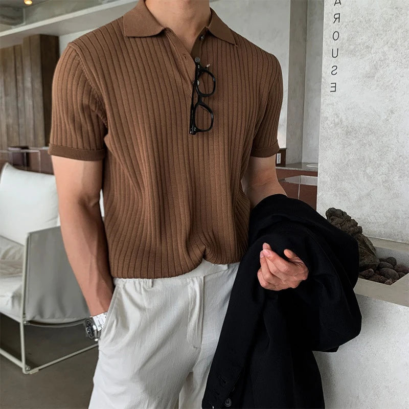 Hehope Casual Solid Color Ribbed T Shirts Men Fashion Slim Buttoned Lapel Polo Shirt Short Sleeve Casual Clothes Summer Mens Streetwear