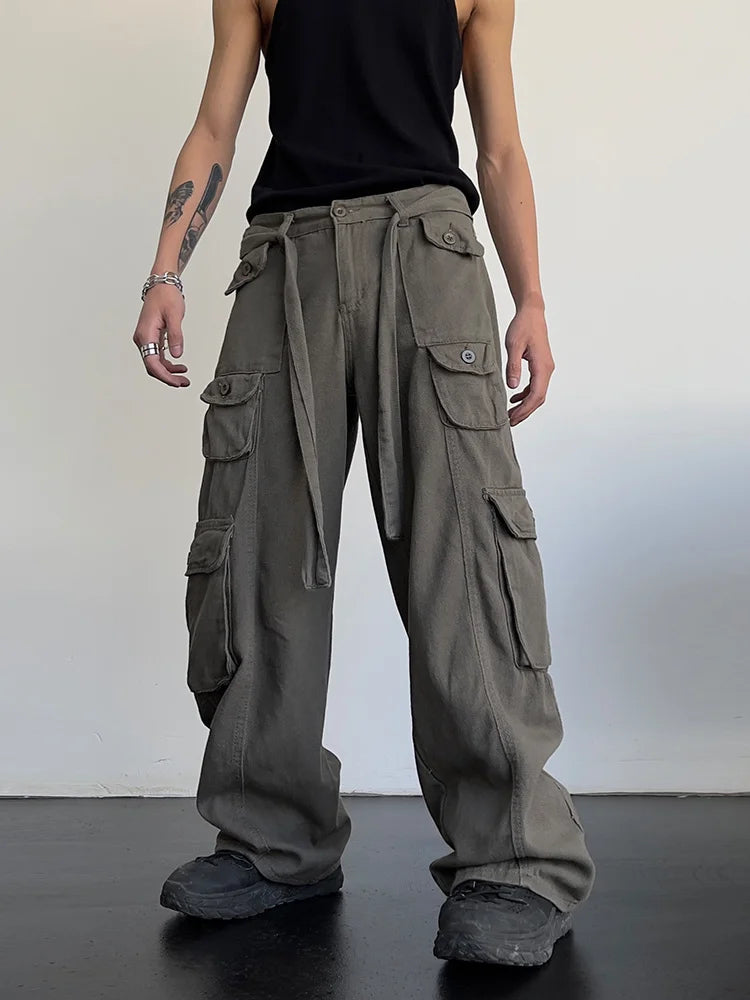 Hehope High street retro casual large pocket overalls men's and women's new summer high waist loose straight tube draped wide leg pants