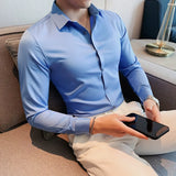 Hehope Mens Long Sleeve Shirts  Casual Slim Fit Men Dress Shirts Solid Color Formal Business Social Clothing Blouse Plus Size S-3XL