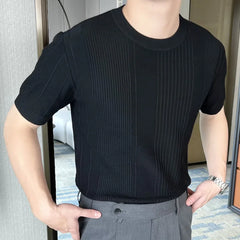 Hehope Knitted Short Sleeved T-shirt Men Summer Streetwear Korean Solid Color Top Camisa Masculina Tee Shirt Homme Black White