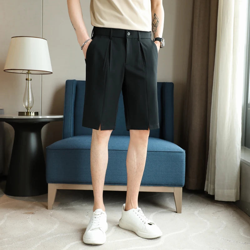 Hehope Summer Men's Shorts Straight Fit Knee-Length Short Suit Pant Solid Black White Clothing Student Thin Colors Casual Shorts 36