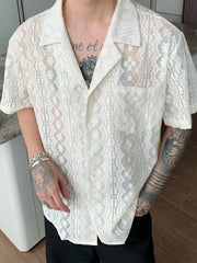 Hehope Fashion Embroidery Lace Mesh Shirt Men Short Sleeve Button Lapel See Through Shirts Summer Vintage Mens Streetwear Cardigan Tops