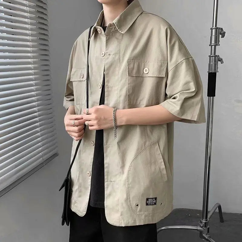 Hehope Elegant Fashion Shirts Loose Solid Patchwork Casual Turn-down Collar Short Sleeve Pockets Spring Summer Thin Men's Clothing