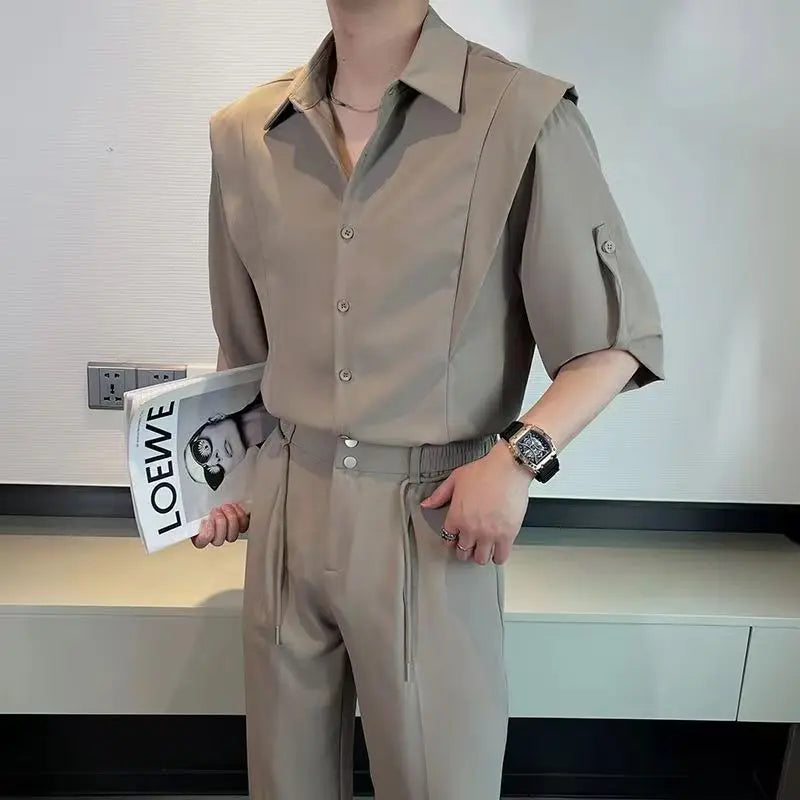 Hehope Summer Ice Silk Men's Suits Casual Short Sleeve Shirt And Pants Two-piece Set Ruffled  Handsome Draped Korean Style Loose Set