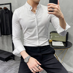 Hehope British Style Striped Shirts Mens Long Sleeve Business Formal Dress Shirt Casual Slim Fit Shirt Streetwear Social Party Clothing