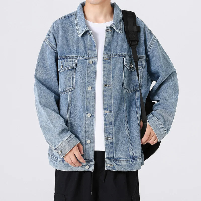 Hehope Men's Loose Casual Denim Jacket Fashion Baggy Classic Jacket Japanese Street Hip-hop Men's Coat Black Blue