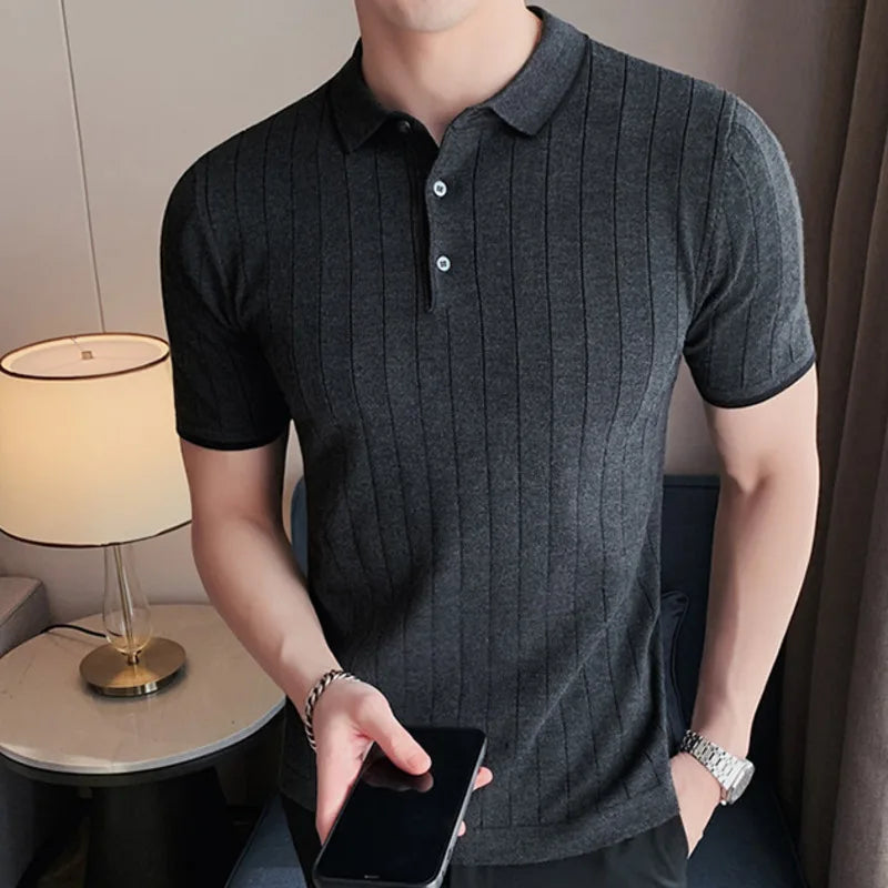 Hehope Summer Striped Knitted Polo Shirt Men Short Sleeve Lapel Tee Tops High Quality Casual Slim Fit Business Social Polos Streetwear