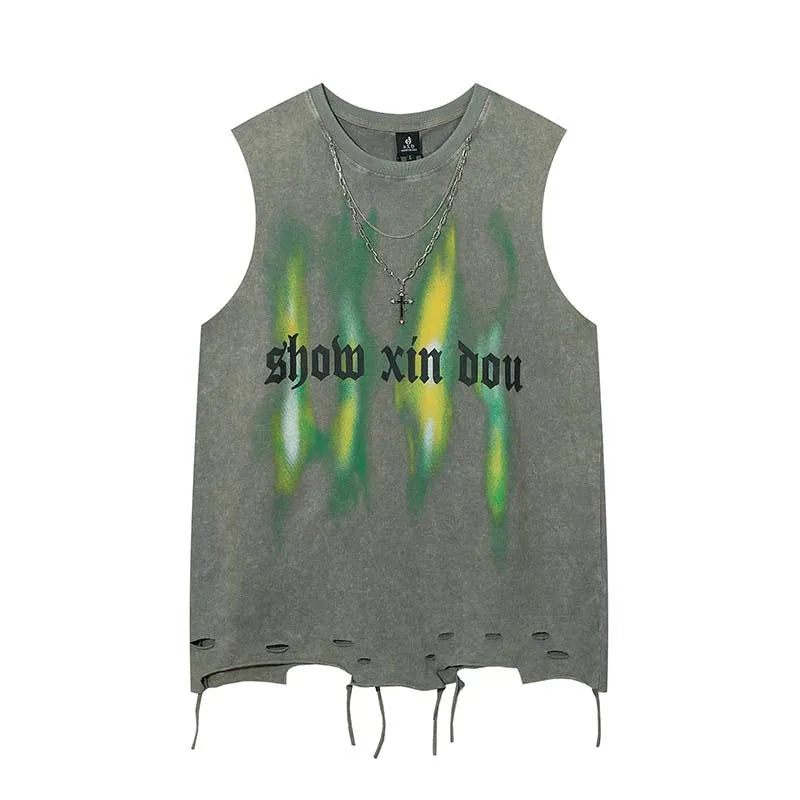 Hehope New Summer Retro Necklace Washed Vest Men's Streetwear Oversized Trendy Hole Sleeveless T-shirt Women Hip Hop Casual Tank Top