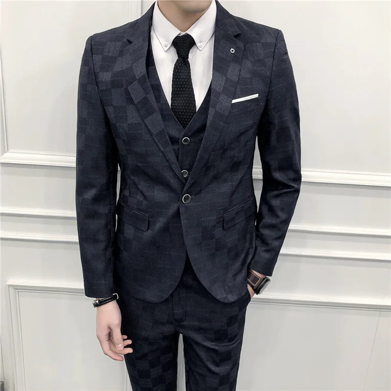 Hehope [Blazer+Vest+Pants] Men Plaid Casual Boutique Wedding Groom Best Suit Formal Business Three-piece Suit Set Fashion Men Clothing