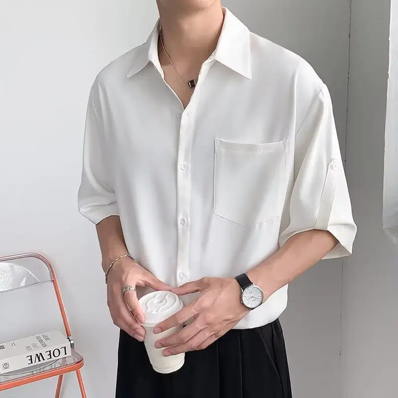 Hehope Solid Color Ice Silk Shirts for Men Short Sleeve Summer Drape Lapel Button Korean Loose Business Casual Top High-end White Shirt