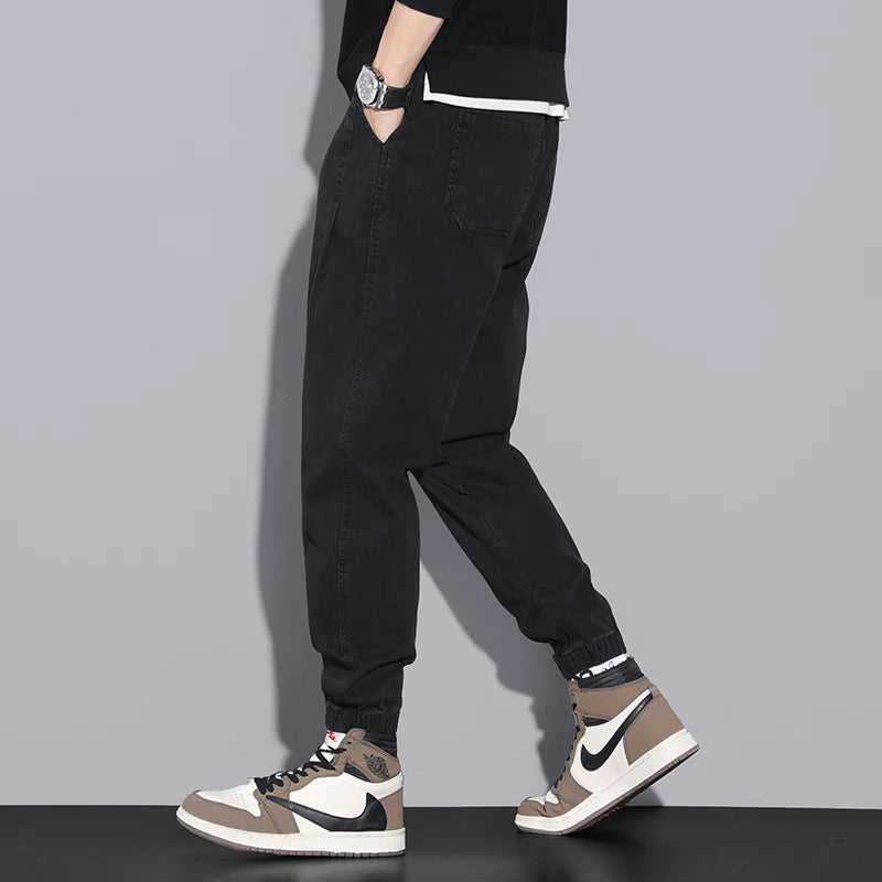 Hehope Spring Autumn Solid Color Fashion Elastic Waist Cargo Pants Man High Street Casual Pockets Drawstring All-match Cotton Trousers