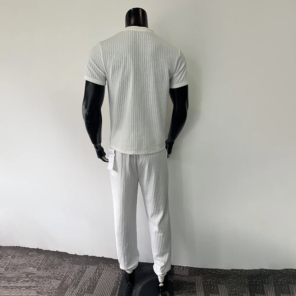 Hehope Mens Slim Casual T-Shirt Wide Leg Pants Two-Piece Set Genderless 2024 New Basic Versatile Solid Color Simple Suit Unisex