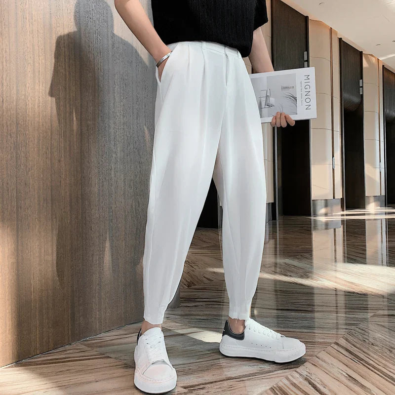 Hehope New Fashion Spring Summer Pants Men Tapered Bottom Slit Trousers Korean Style White Khaki Black Elastic Waist Casual Pants Man