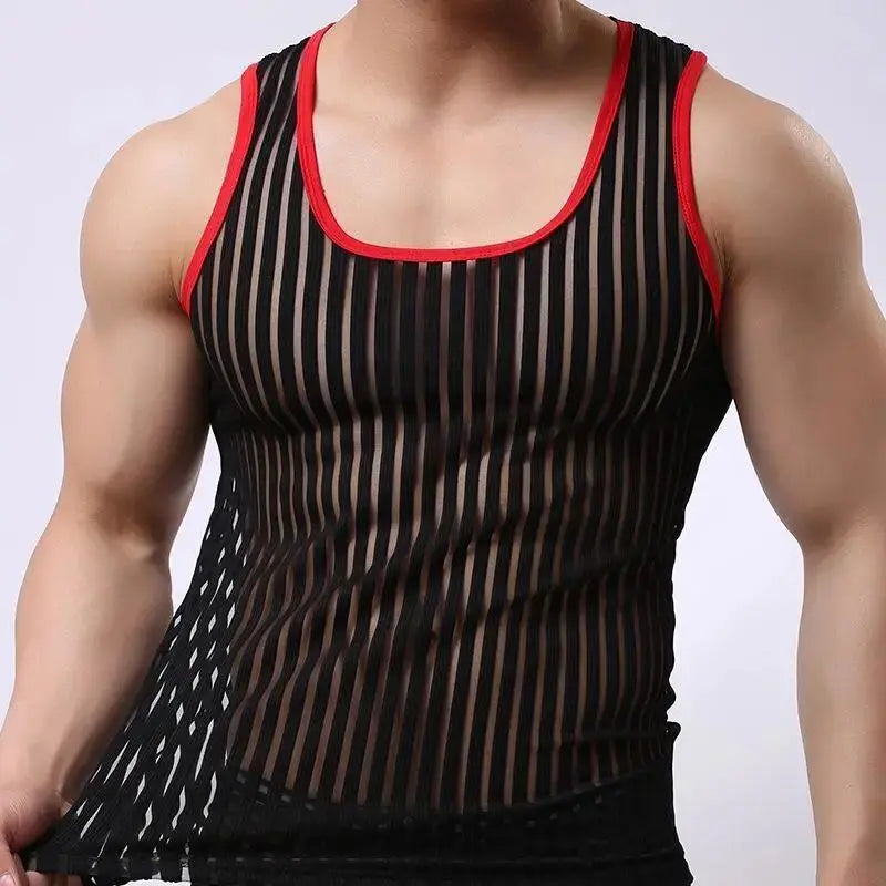 Hehope Man Tank Tops Net Yarn Round Neck Sexy Clothes Summer Striped Refreshing Sleeveless Tank Top