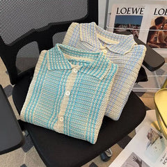 Hehope Retro Contrast Striped Summer Men's 2024 Spliced Square Collar Button Hollow Out Fashion Loose Casual Short Sleeved Knitted Top