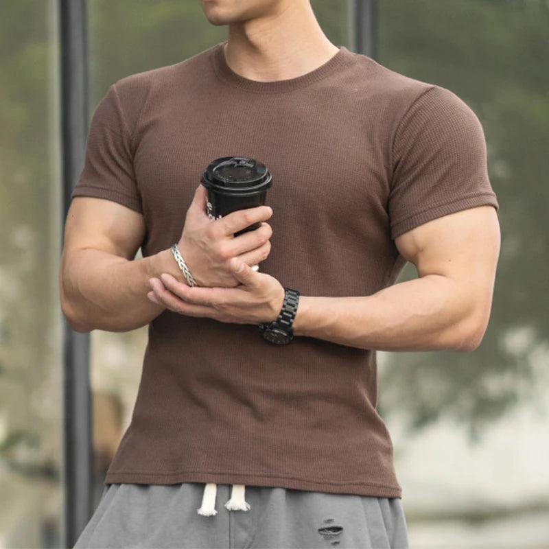 Hehope Sports Fitness Elastic Slim Cotton Tops Men Summer Casual Short-sleeved O Neck T-shirts Mens Clothes Fashion Solid Color T Shirt