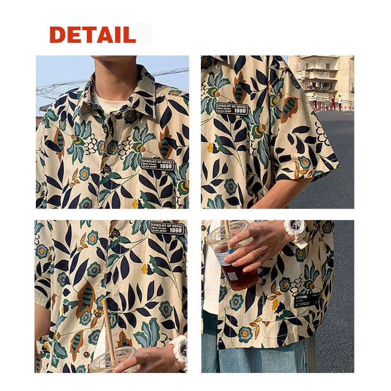 Hehope Summer Graphic T Shirts Men Half-sleeved 2024 Flower Turn Down Collar Print Casual Shirts Fashion Beach Men Clothing