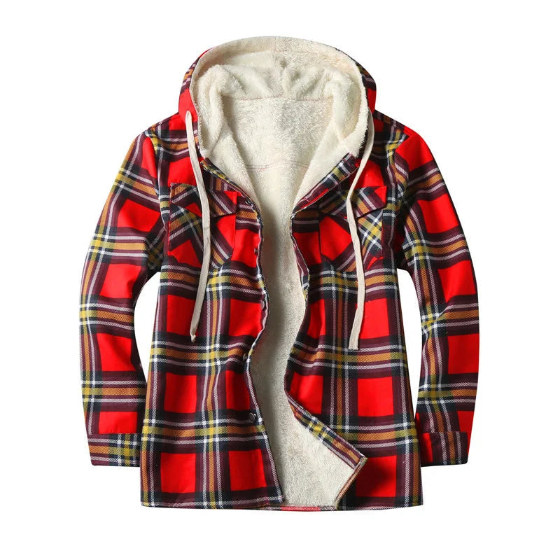 Hehope Men's Flannel Shirt Jacket with Hood Pockets Plaid Quilted Lined Winter Coats Thick Hoodie Outwear Fashion chemise homme