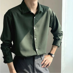 Hehope New Spring and Autumn High Grade Dark Green Striped Shirts for Men Long Sleeve Loose Business Casual Men Dress Shirt