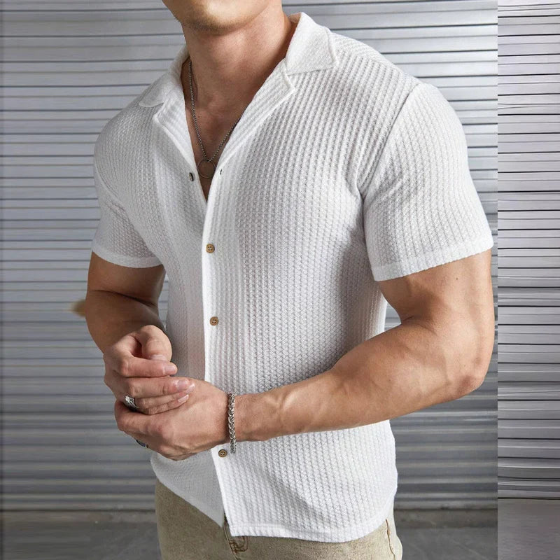 Hehope Daily Leisure Solid Color Waffle Shirts Men Fashion Turn-down Collar Button Tops Mens Shirt Short Sleeve Breathable Casual Shirt