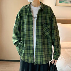 Hehope Japanese Retro Fashion Spring Plaid Shirt Men Long Sleeve Plaid Shirt 100% Cotton Men's Casual Baggy Button Up Tees Shirt