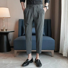 Hehope Summer New Striped Suit Pants Men's Slim Fit Ankle Length Straight Elasti Casual Pants Fashion Business Social Dress Pant