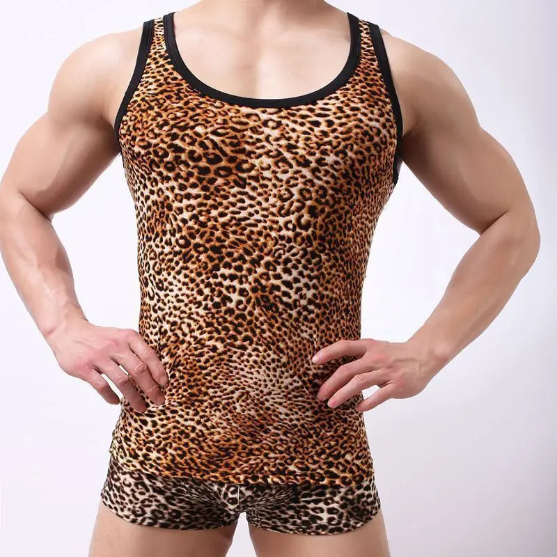 Hehope Summer New Round Neck Leopard Tight Tops Men's Fashion Korean Elastic Breathable All-match Comfortable T-shirt