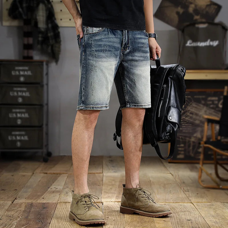 Hehope Street Retro Washed Denim Shorts Men's Summer Fashion Nostalgic Scrape Straight Slim Fit Trendy Capris Middle Pants