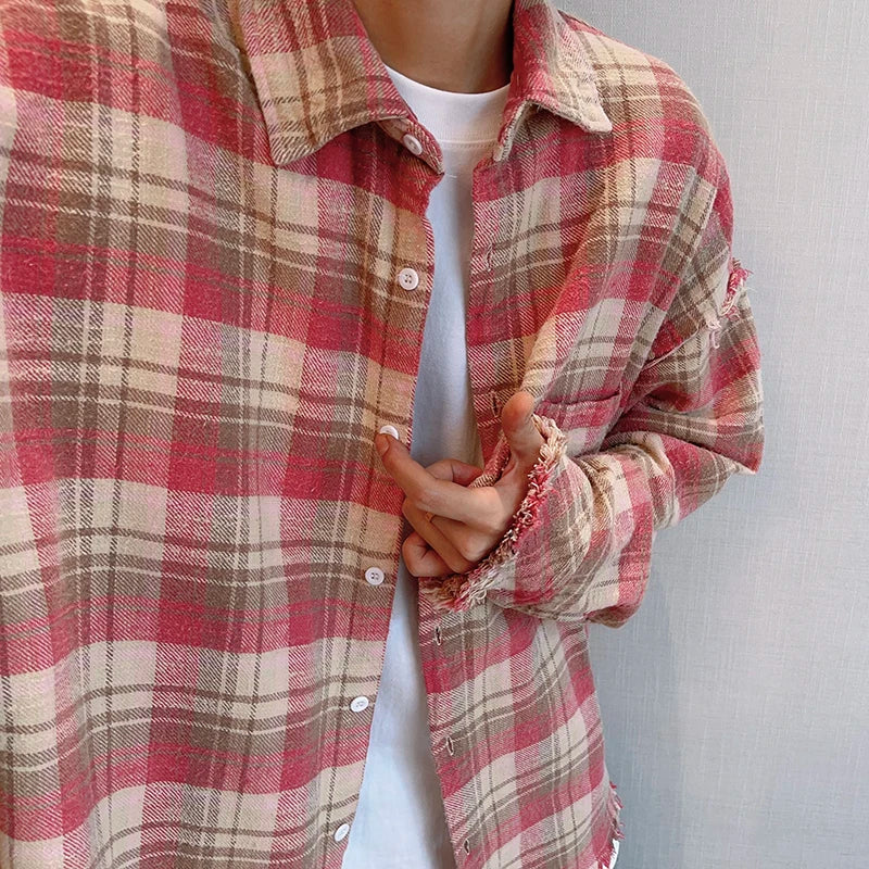 Hehope 2024 Loose Casual Pink Plaid Shirt Tops men's Clothing Autumn Retro Versatile Cotton Lapel Oversize Long Sleeve Shirt Blouse