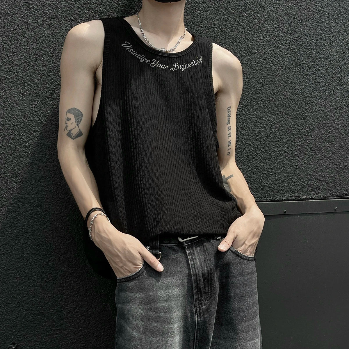 Hehope Summer Men's Letter Embroidery Tank Top Black White Oversized Sleeveless T-shirts for Men