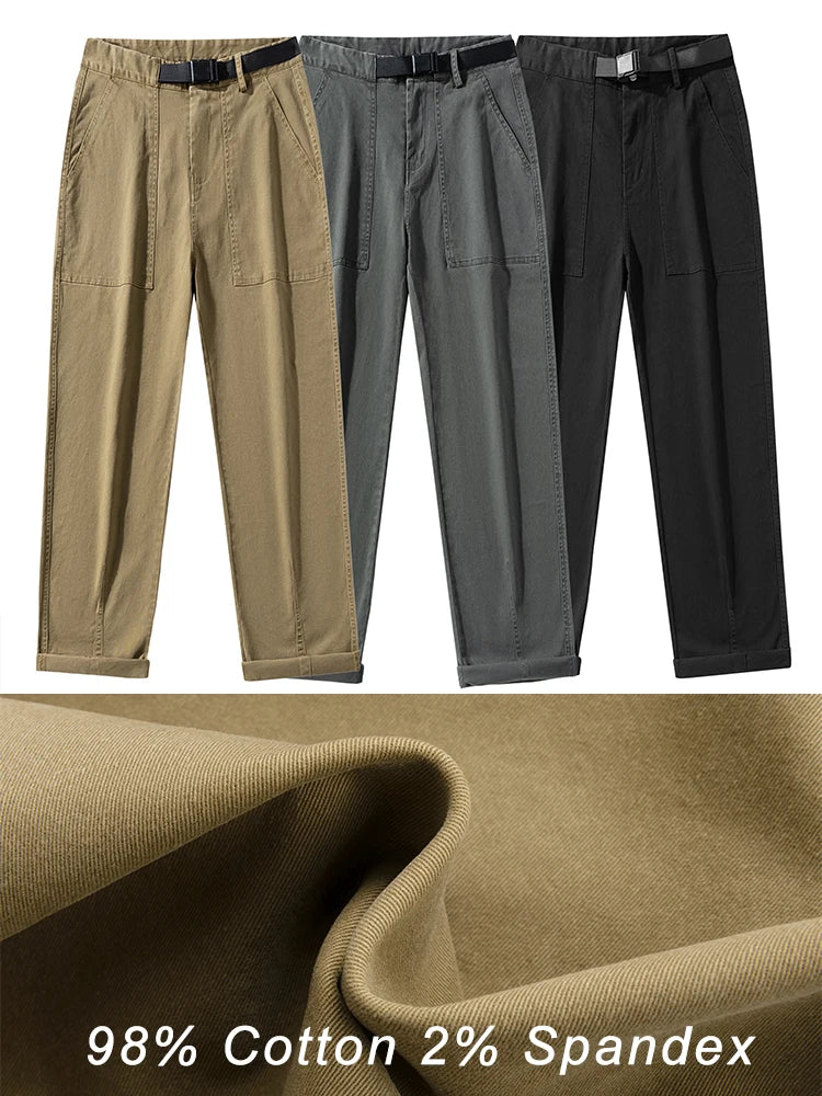 Hehope New Autumn Men's Casual Pants Solid Color Washed Cotton Wide Leg Baggy Trousers for Men Straight Cargo Pants With Belts