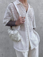 Hehope Solid Lace Embroidered Shirt 2024 Summer Sexy Men's Mid Sleeve Mesh Perspective T Shirt Male Trendy Lapel Single Breasted Top