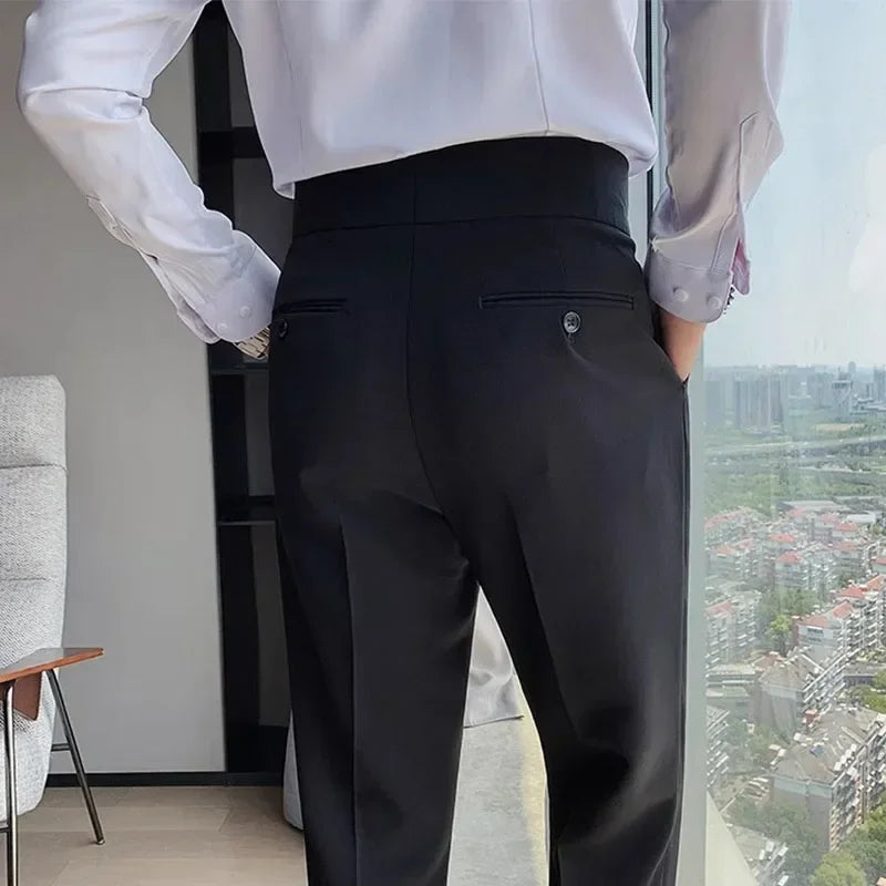 Hehope Men Suit Pants Solid Color Slim Fit Spring Autumn Streetwear Elastic Waist Straight Pants Male Business Office Formal Trousers