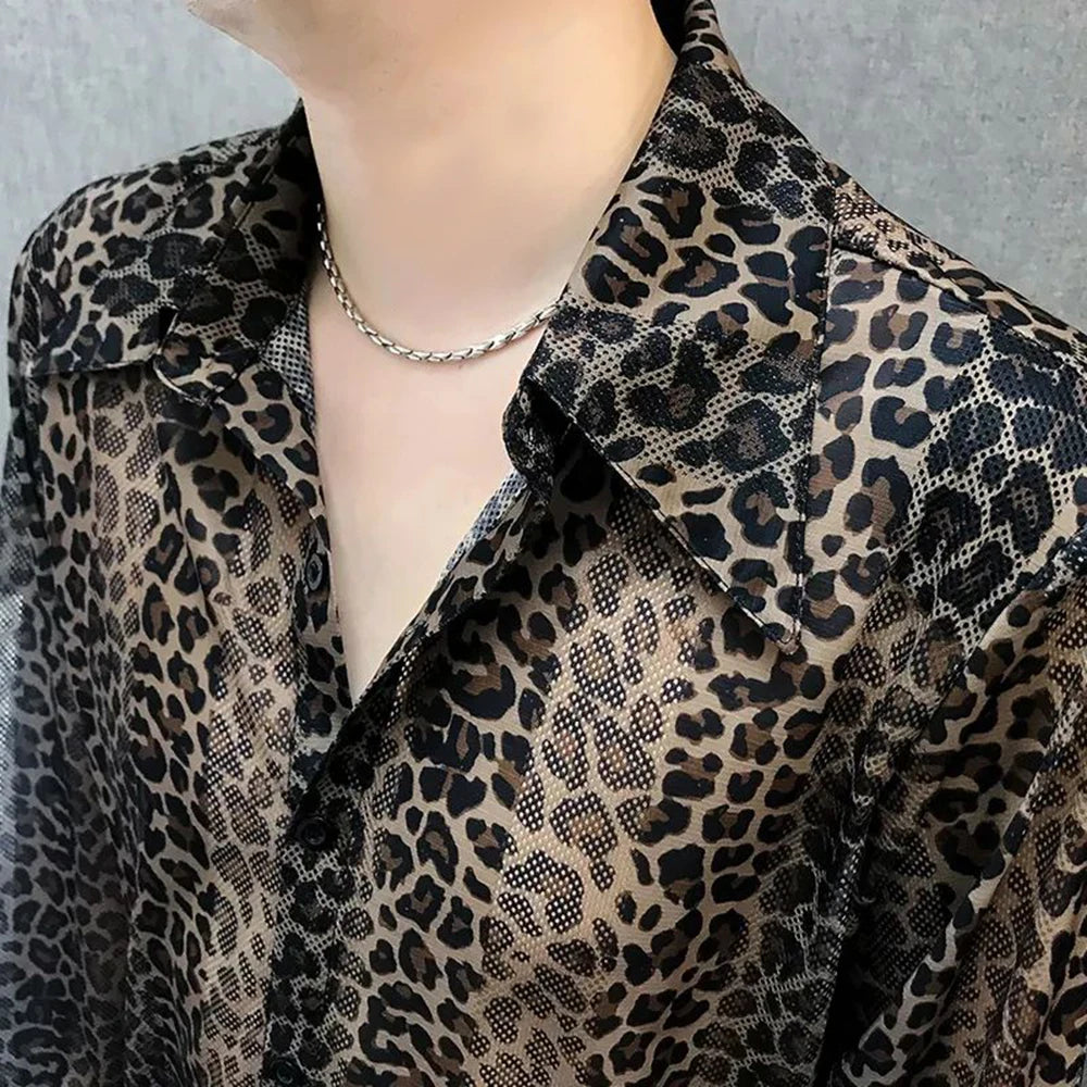 Hehope Mens Sexy Leopard Print Mesh See-Through Ice Silk Shirt Autumn Genderless Fashion Youth Nightclub Breathable Hollow Top Unisex