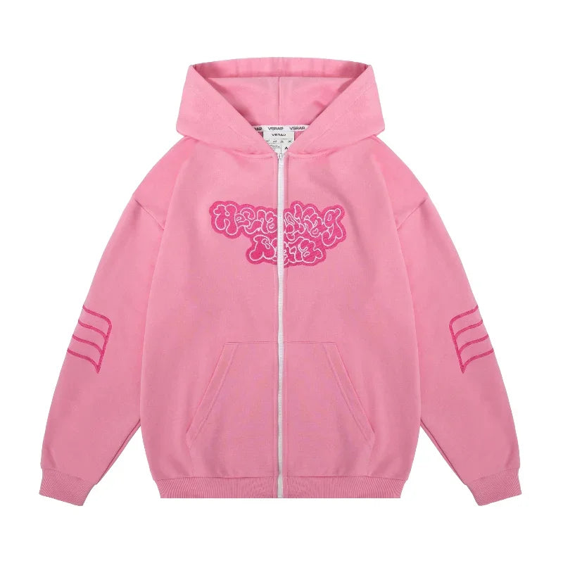 Hehope Y2K Fashionable Retro Zipper Hoodie Street Top Pink Embroidered Letters Oversized fall Hip Hop High Street Men Women Sweatshirts