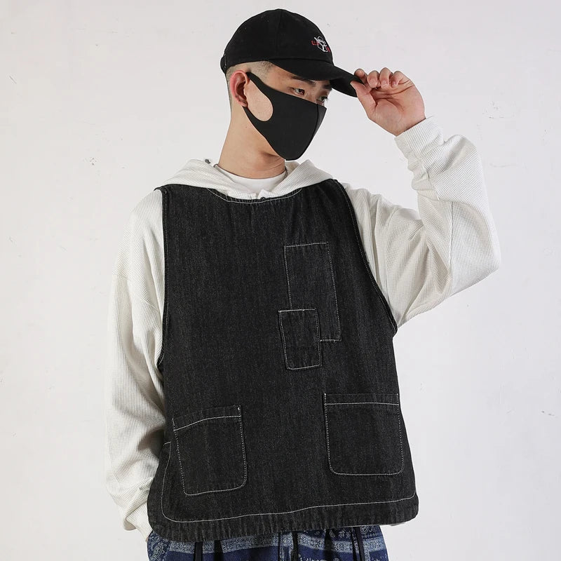 Hehope Japan fashion Fashion Brand Cargo Denim Vest Outdoor Men's and Women's Loose Spring and Autumn Street Versatile Stacked