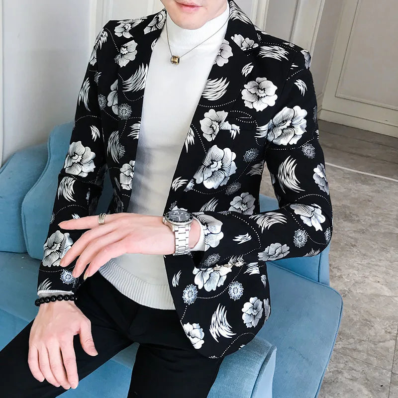 Hehope Men Golden Flower Print Blazers Autumn Formal Dress Tuxedo Casual Slim Fit Suit Jacket / High Quality Fashion Men Clothing