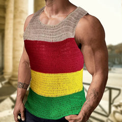 Hehope Men's Color Contrast Hollow Vest Casual Summer Sleeveless T-shirt Top Men's Sleeveless Tee Sexy Hollow Perspective Vest T-shirt